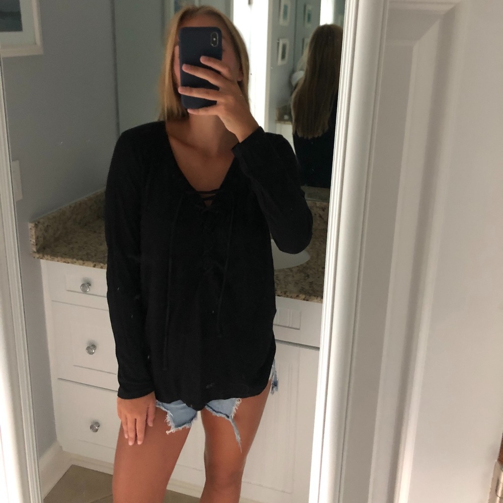 Long Sleeve Black Lace Up Top